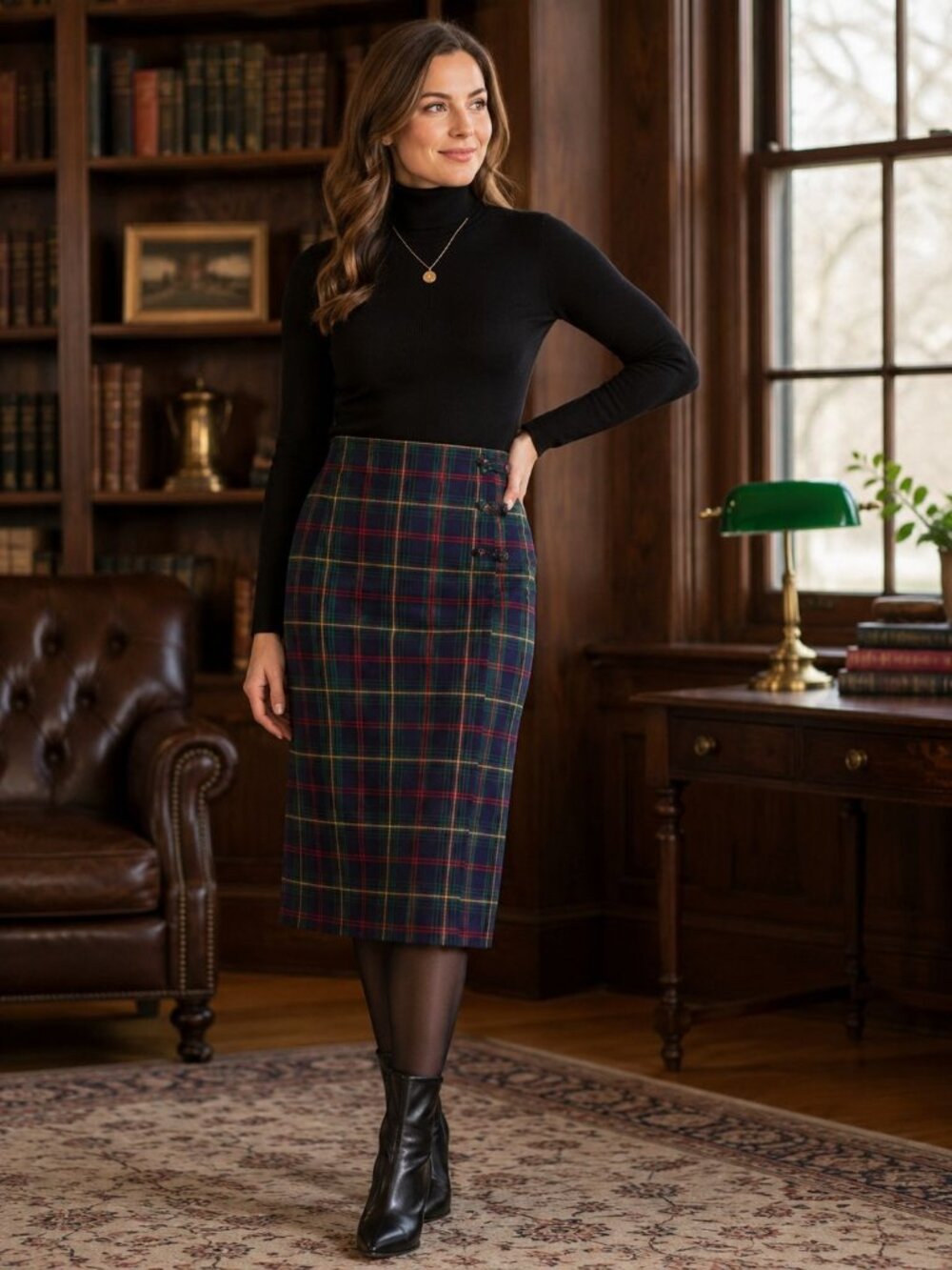 Vintage British Khaki Womens Plaid Wool Pencil Skirt 12 Made In USA